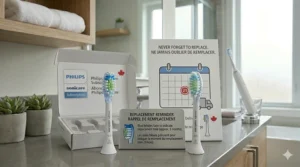 Blue reminder bristles on a Sonicare DiamondClean brush head fading to white, signaling it is time for a replacement.