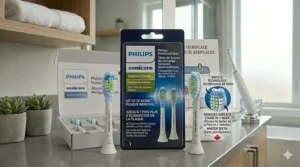Comparison diagram showing Sonicare DiamondClean replacement heads removing up to 10x more plaque than a manual toothbrush.