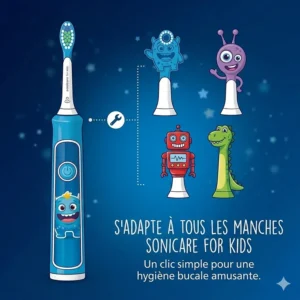 A compatibility diagram showing how various character replacement heads fit all Sonicare for Kids rechargeable toothbrush handles sold in Canada.