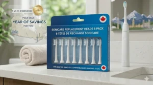 A Canadian family value pack illustration of 8 Sonicare replacement heads with bilingual "Offre Exclusive" text for Canada.