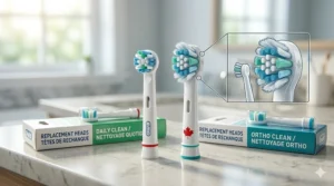 Comparison chart showing why specialized orthodontic brush heads are better for braces than standard electric toothbrush heads.