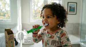 A bright blue easy grip toothbrush for toddlers standing upright on a bathroom counter via a sturdy suction cup base.