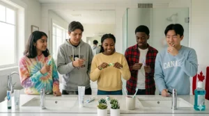 A Canadian teen in a cozy hoodie brushing their teeth during a busy morning routine before school.