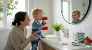 A step-by-step visual of a Canadian bedtime routine including brushing teeth for two minutes.