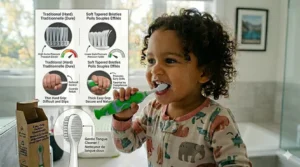 A child's hand demonstrating the proper "pinch" grip on a thick, rubberized toothbrush handle for improved control.