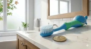 Close-up illustration of a small, rounded brush head designed for a 2-year-old's mouth.