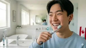 2D illustration of a teenager with dental braces using a specialized soft-bristle toothbrush for effective cleaning.