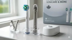 Technical illustration showing the universal connector design of multi-brand compatible brush heads for Canadian consumers.