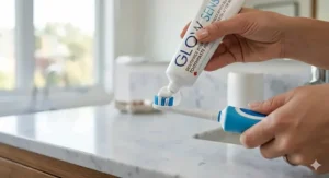 Applying a pea-sized amount of toothpaste for sensitive teeth after whitening. / Application d'une noisette de dentifrice pour dents sensibles après blanchiment.