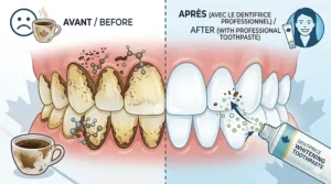 A side-by-side comparison illustration showing the effectiveness of professional whitening toothpaste on yellow coffee stains.