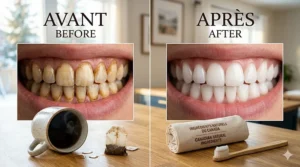 A split illustration comparing tea-stained teeth versus bright white teeth after using whitening toothpaste.