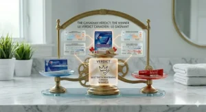 A summary graphic declaring the winner between Crest 3D White Professional and Colgate Optic White for Canadian consumers.