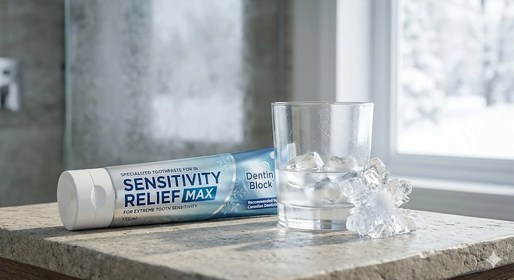 A tube of toothpaste for extreme tooth sensitivity placed next to a glass of ice water, showcasing fast-acting relief for Canadians dealing with cold-weather dental pain.