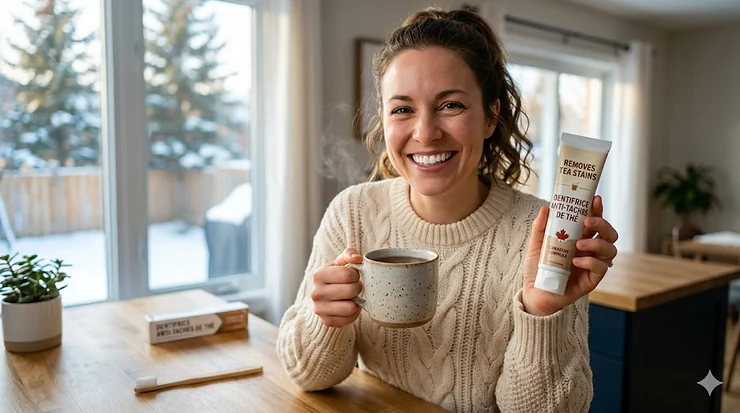 A Canadian woman smiling while holding a cup of tea and a tube of toothpaste for removing tea stains.