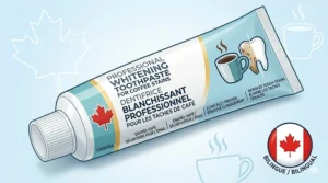 Product illustration of toothpaste with English and French (bilingue) labeling, highlighting its use for coffee stain removal.