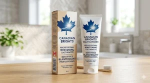 Professional whitening toothpaste tube featuring English and French bilingual labeling for the Canadian market.