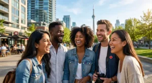 A diverse group of Canadians confidently smiling outdoors, highlighting the stain-removing results of premium smoker whitening toothpaste.