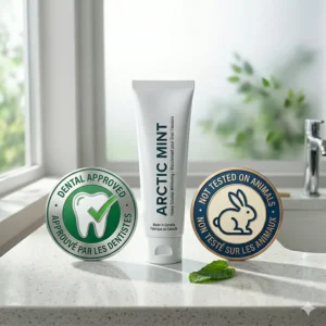 An ethical badge illustration certifying a safe, high-quality heavy smoker whitening toothpaste option available across Canada.