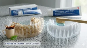 Infographic illustration showing how whitening toothpaste for everyday use removes coffee and tea stains for active Canadian professionals.