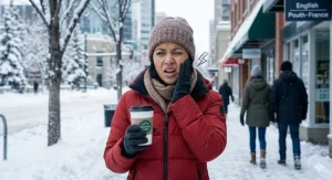 An illustration of a Canadian wincing from cold air on a winter day, highlighting the need for a specialized toothpaste for extreme tooth sensitivity.