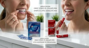 Illustration showing the application process of Crest whitening strips versus the Colgate Optic White pen.