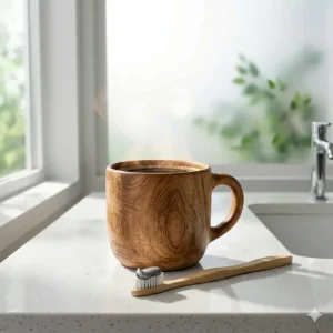 A Canadian morning dental care routine featuring a toothbrush with heavy smoker whitening toothpaste next to a coffee mug.