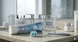 A morning oral hygiene routine featuring a soft-bristled toothbrush loaded with toothpaste for extreme tooth sensitivity on a bathroom vanity.