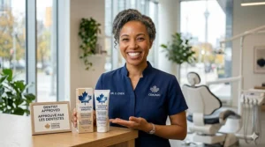 A clinical-style icon of a dental professional approving a high-quality professional whitening toothpaste formula.