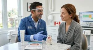 Dentist recommending toothpaste for sensitive teeth after whitening for Canadian patients. / Dentiste recommandant un dentifrice pour dents sensibles après blanchiment pour les patients canadiens.