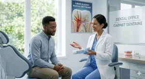 A Canadian dentist discussing oral care options and recommending the best toothpaste for extreme tooth sensitivity to a patient.