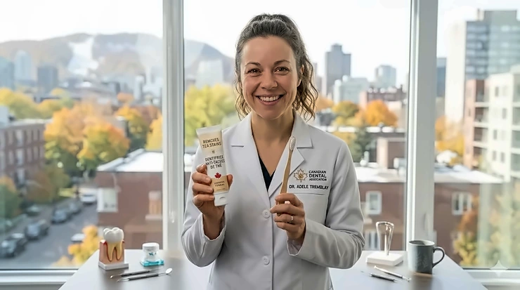 A friendly illustration of a Canadian dentist recommending the best toothpaste for removing tea stains.
