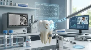 A technical illustration of the whitening micro-polishing action in a dentist-recommended toothpaste for daily use.