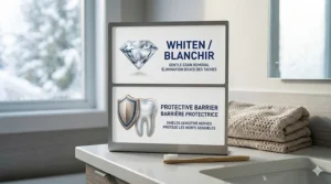 Bilingual Canadian icon design highlighting a dual-action formula for a whitening toothpaste that won't hurt sensitive teeth.