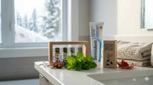 A sustainable, locally made packaging concept illustration of a whitening toothpaste that won't hurt sensitive teeth surrounded by fresh mint leaves.