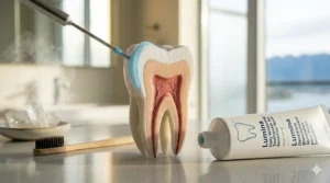 A medical illustration showing how daily whitening toothpaste protects sensitive tooth enamel from cold triggers.