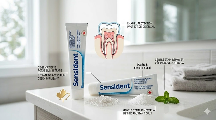 Infographic displaying natural ingredients in a Canadian whitening toothpaste that won't hurt sensitive teeth, showing how potassium nitrate protects exposed dentin.