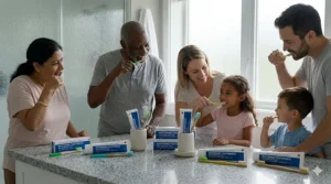 A diverse Canadian family sharing a bathroom, highlighting the safety of whitening toothpaste for everyday use for all adults in the household.