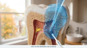 Medical diagram illustrating how a toothpaste for sensitive teeth that works immediately blocks open dentin tubules to stop nerve pain triggers.
