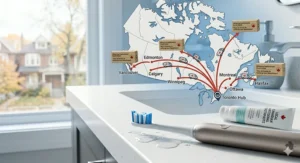 Map of Canada illustrating fast local shipping for whitening replacement brush heads to major cities like Toronto and Vancouver.