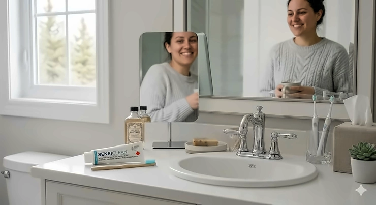 A tube of SensiClean sensitivity toothpaste for receding gums with bilingual English and French labeling on a modern white vanity in a bright Canadian bathroom.