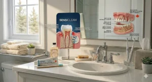 An educational illustration showing the correct 45-degree brushing technique used alongside sensitivity toothpaste for receding gums to prevent enamel abrasion.