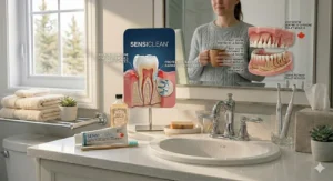 A breakdown graphic of essential ingredients to look for in a sensitivity toothpaste for receding gums, including enamel-strengthening and nerve-soothing agents.