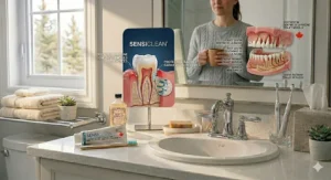 A consumer guide illustration showcasing how to select an approved sensitivity toothpaste for receding gums on store shelves across Canada.