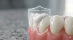 An illustration showing the protective enamel-safe formula of a whitening toothpaste for everyday use, designed for Canadian winters and sensitive teeth.