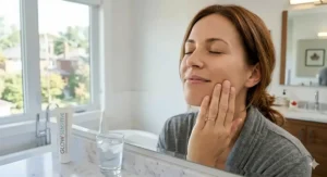 Illustrating gentle relief from using toothpaste for sensitive teeth after whitening. / Illustration du soulagement doux grâce au dentifrice pour dents sensibles après blanchiment.