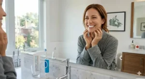 A healthy, bright smile maintained with toothpaste for sensitive teeth after whitening. / Un sourire sain et éclatant maintenu avec un dentifrice pour dents sensibles après blanchiment.