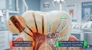 A medical illustration showing how active ingredients in sensitivity toothpaste block open dentin tubules to protect exposed nerves.