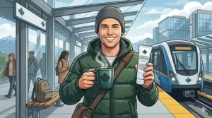 A Canadian commuter holding a travel mug in front of a transit station, smiling confidently thanks to coffee stain whitening.