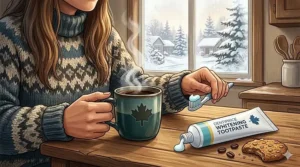 An illustration of a cozy Canadian morning routine featuring a steaming mug of coffee and a tube of professional whitening toothpaste.