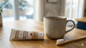 Illustration of a steaming mug of black tea next to a whitening toothpaste designed to prevent staining.
